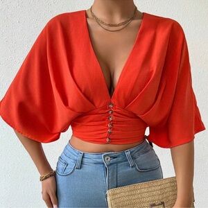 Vibrant Orange Button Detail Shirred Kimono Sleeve Blouse S M L XL